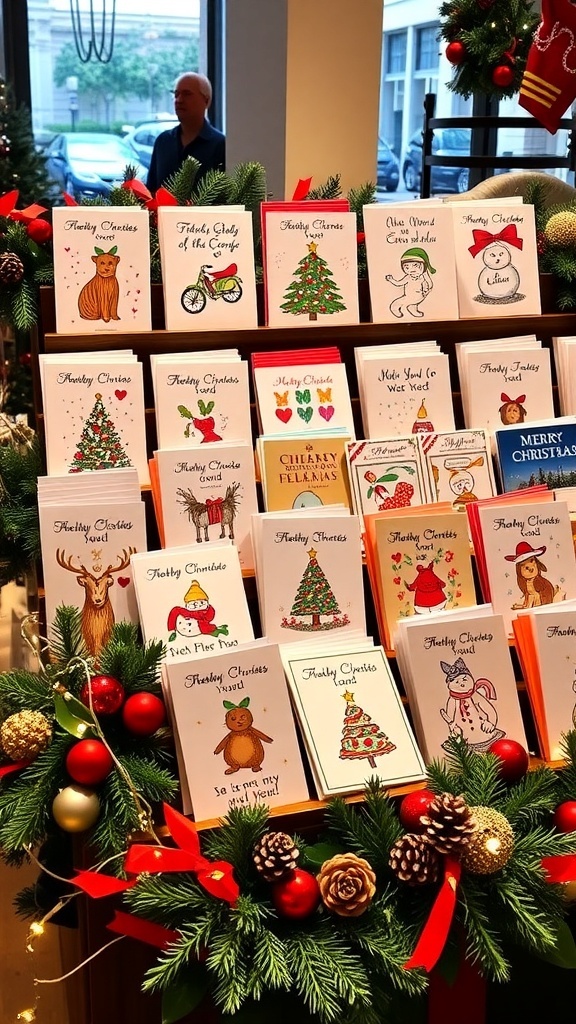 A colorful assortment of Christmas cards on a decorated table with holiday ornaments.
